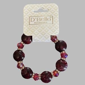 D'Bello Beaded Stretch Bracelet Womens Burgundy Red Rhinestone Gold Jewelry NEW